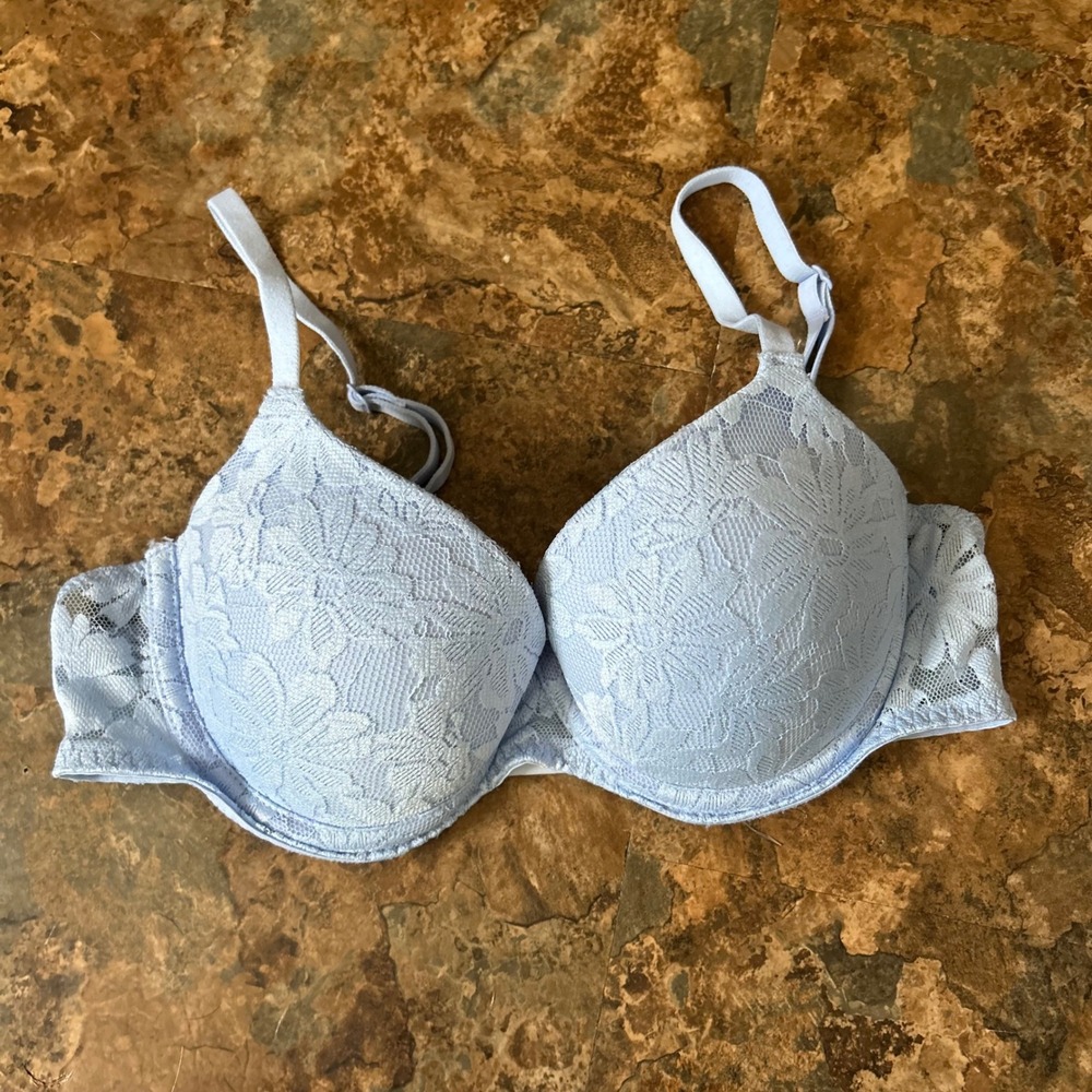 No Boundaries Push Up Bra Women Size 34B Blue Floral Lace Underwire Back Closure